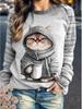 2024 Women's Round Neck Sweater with Cat Design, Raglan Style, Autumn/Winter, European/American, Cashmere Blend T-shirt