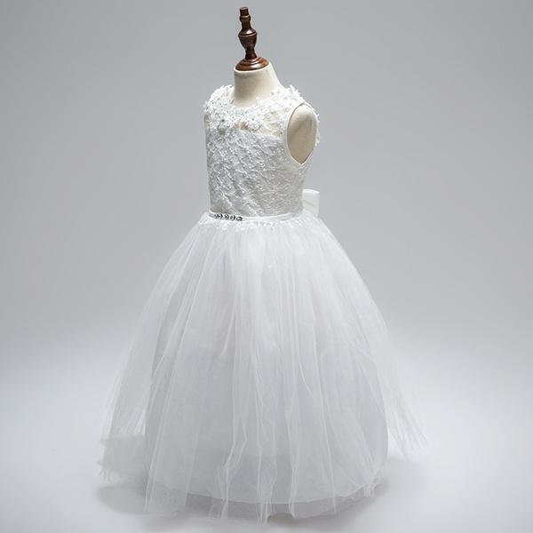 Kids Flower Girl Dress Baby Girls Lace Formal Princess Pageant Wedding Birthday Party White Bridesmaid Dresses Tea Length