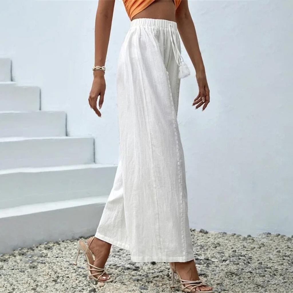 Однотонные хлопковые и льняные женские свободные повседневные брюки с кисточками, широкие брюки