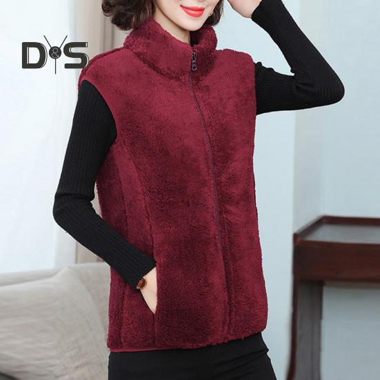 Женский осенне-зимний однотонный плюшевый жилет с воротником-стойкой, карманы без рукавов, карманы на молнии, утолщенный двухсторонний флисовый жилет, пальто