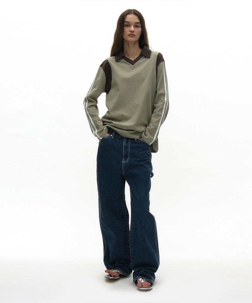 PARTIMENTO WOMEN Striped Colorblock Polo Tee_Light Khaki