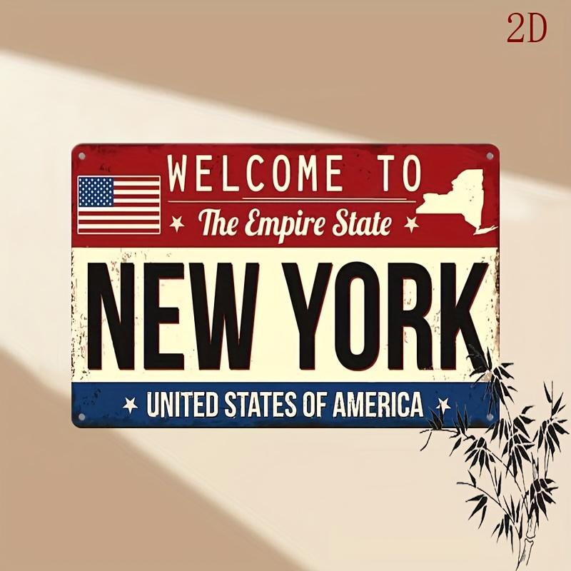 D Vintage Welcome to NEW YORK Metal Tin Sign Patriotic Wall Decor with American Flag NY State Outline Retro Tinplate Art