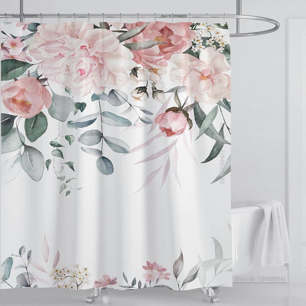 Watercolor Leaves On The Top Plant With Floral Bathroom Greenery Leaf Decoration Watercolor Botanical Shower Curtain With Hooks
