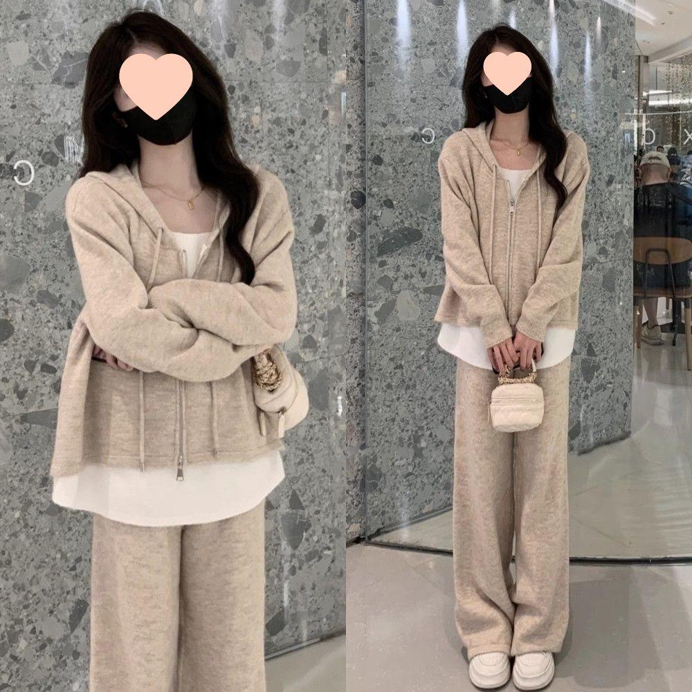 Весна 2025 Женский повседневный костюм-двойка: Кардиган-свитшот из двух частей и брюки широкого кроя