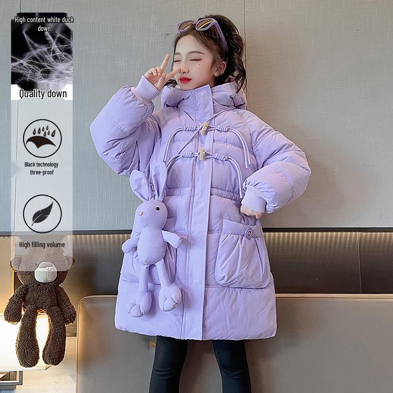 2025 Осень/Зима Модное пуховое пальто для девочек с флисовой подкладкой и куклой-кроликом