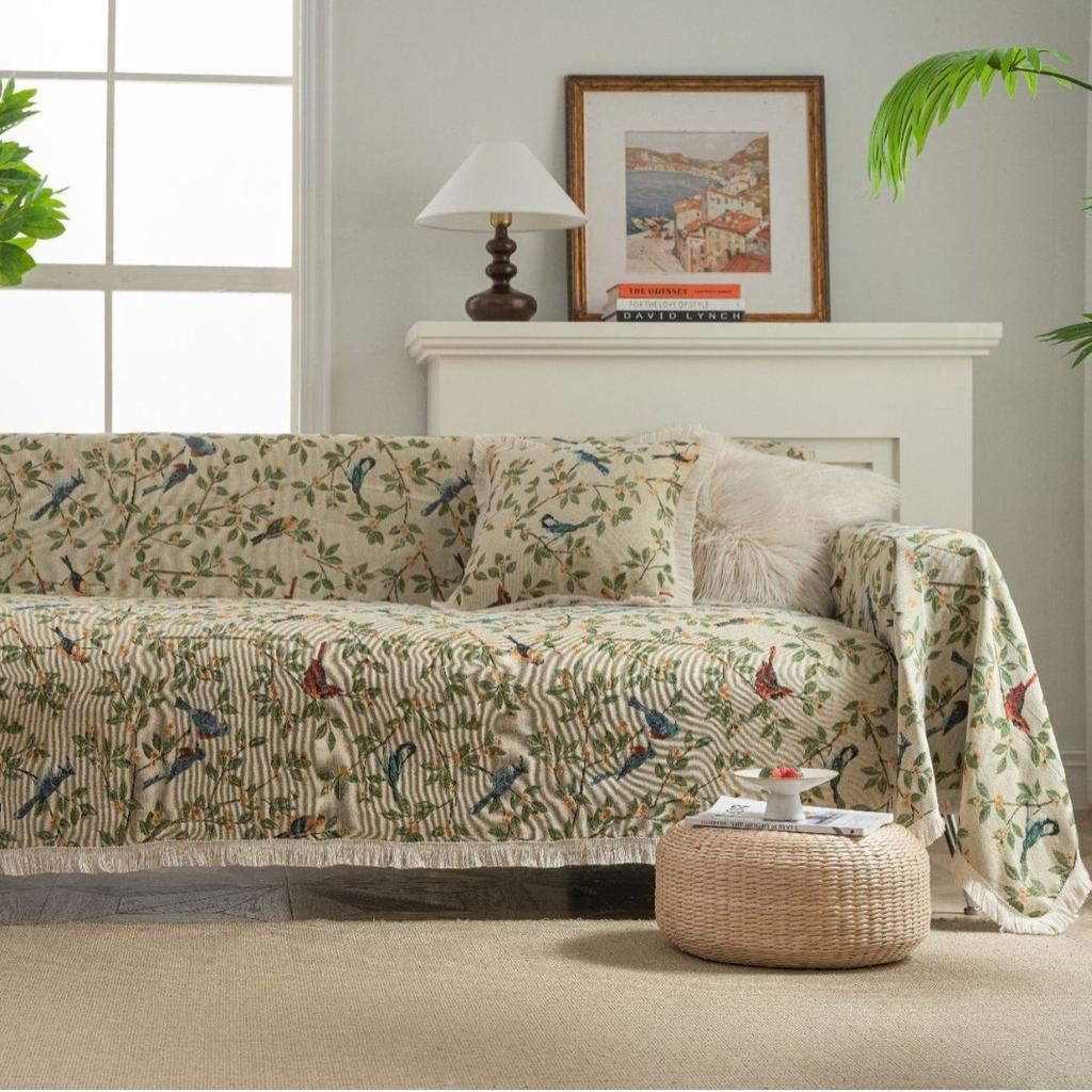 Полотенце для дивана Защита от царапин кошек Жаккардовый Цветочный Птица Зеленый Ретро Праздничный Фестиваль Толстый Плед для дивана