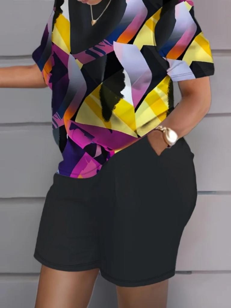 Летние красочные принты женские комплекты из двух частей повседневные футболки с коротким рукавом и круглым вырезом и шорты домашняя одежда шорты с коротким рукавом из двух частей