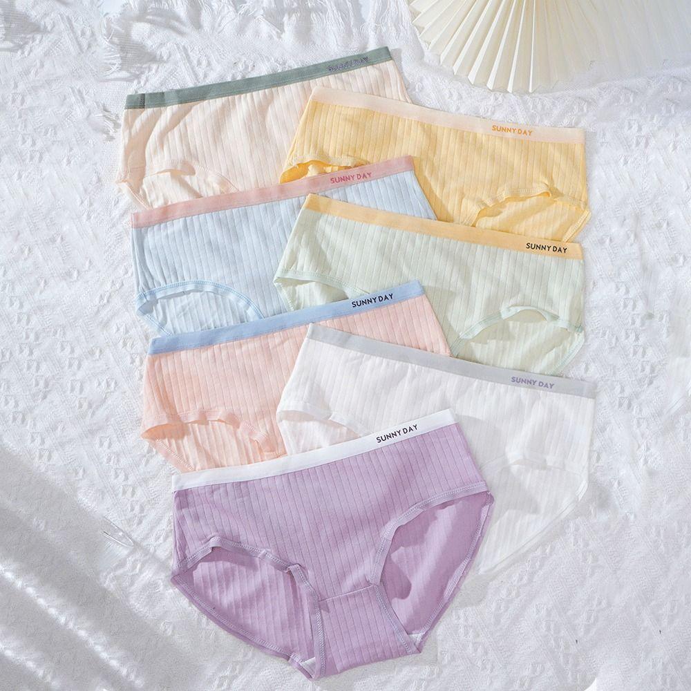 4Pcs Mid Waist Underwear for Women Letter Stripe Underpants Breathable Simple Briefs  Gifts