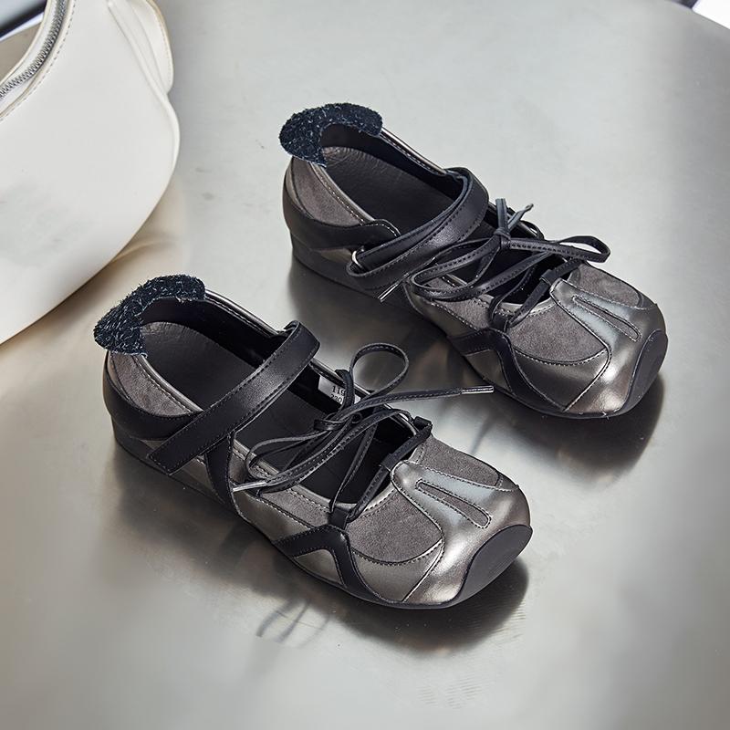 Мода 2025 Новые женские туфли Мэри Джейн на плоской подошве Нескользящие балетки на шнуровке для женщин Большой размер Квадратный носок Женская обувь