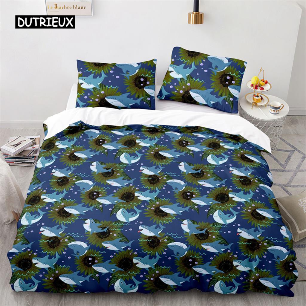 3D Shark Fish Duvet Cover Beach Ferocious Shark Theme Bedding Set Ocean Sea Comforter Cover for Kids Women Men Room Decorations