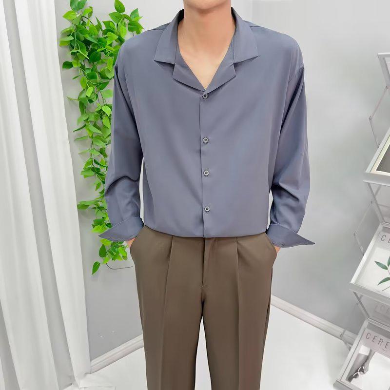 Мужская модная рубашка с длинными рукавами и кубинским воротником из ледяного шелка — свободная, повседневная, стильная для весны и осени