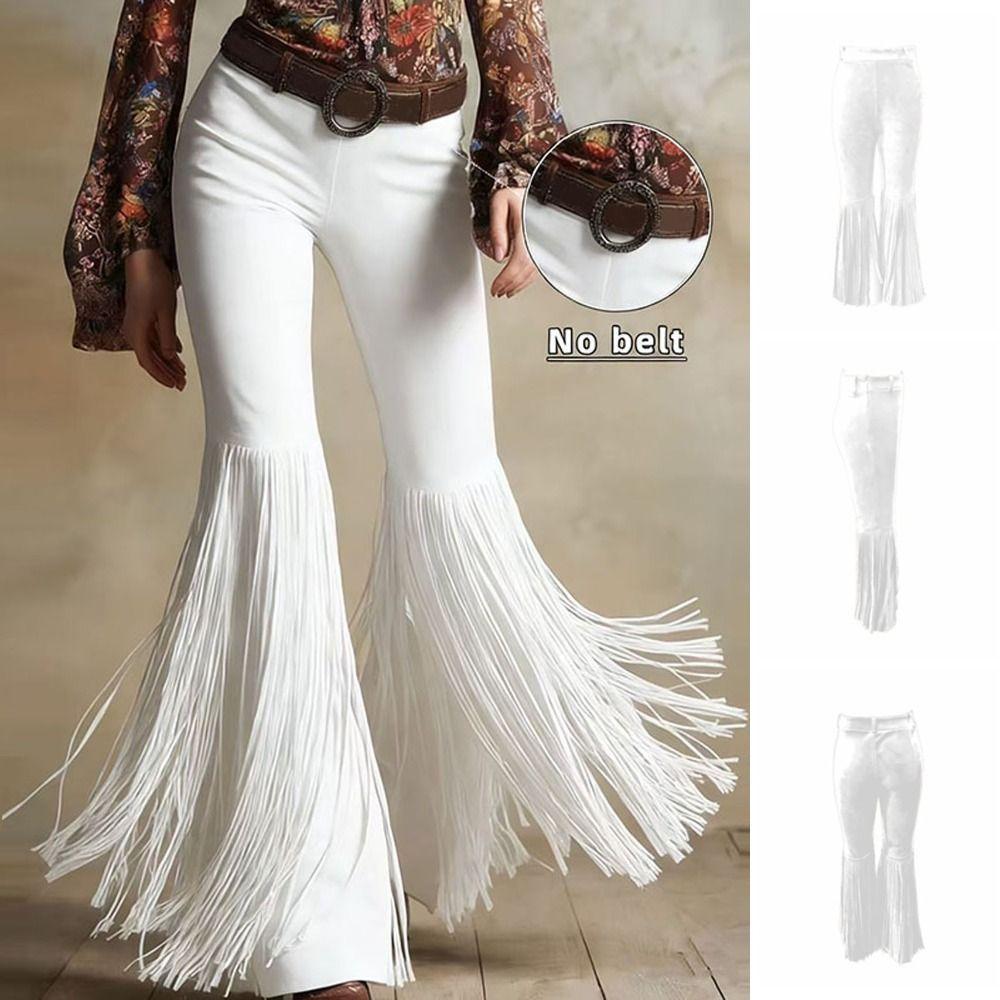 Solid Color Suede Tassel Pants Fringe Hem Slim Fit Flare Pants Retro High Waist Trousers Party