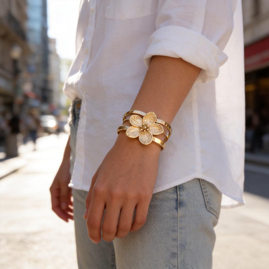 Stainless Steel Gold Plated Cuff Bangle Bracelet for Women Fashion Big Flower Pearl Butterfly Chunky Bracelet Waterproof Jewelry