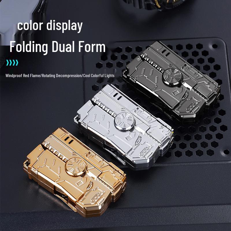 Qunhao Deformable Folding Windproof Lighter - Red Flame, Cool Colorful Lights, Pistol Gyro Design