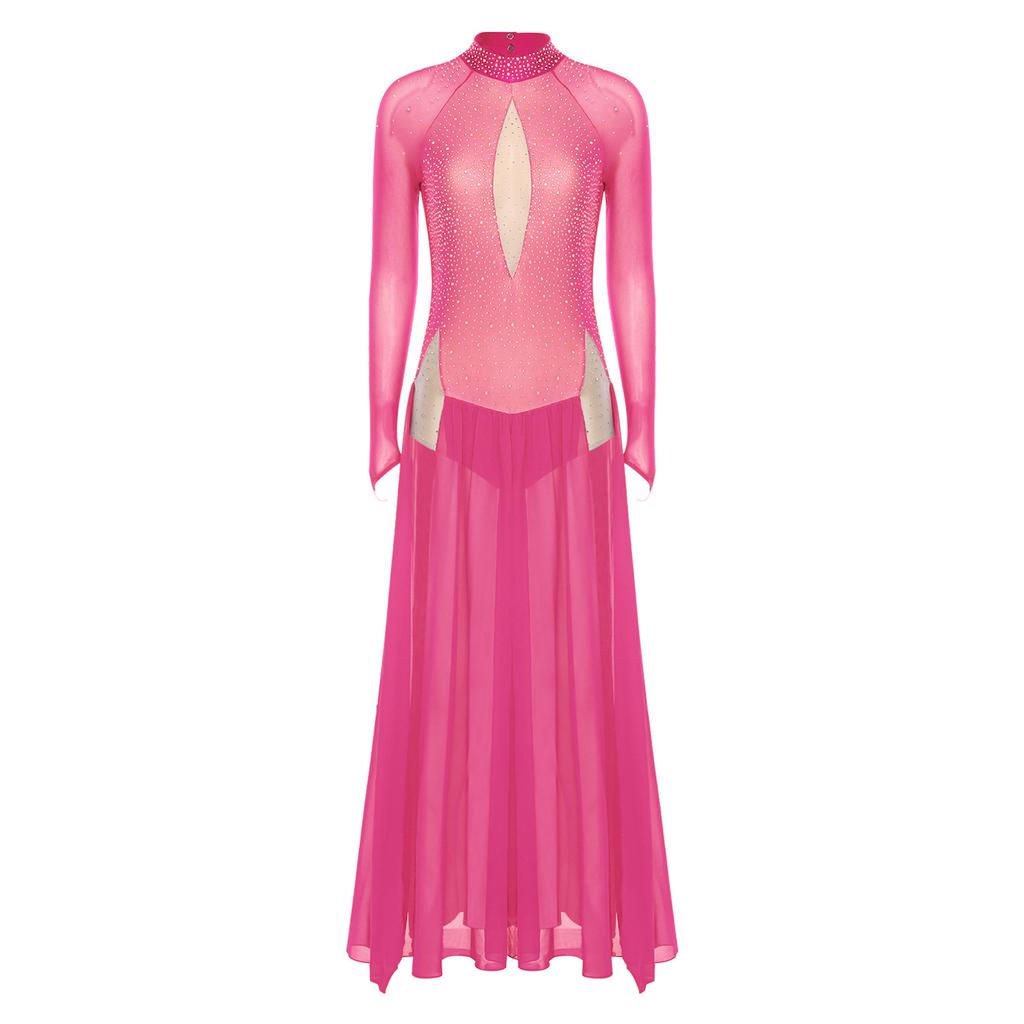 Женское блестящее платье для лирического танца со стразами, с длинным рукавом, открытой спиной, шифоновой юбкой с разрезом, цельный купальник-платье