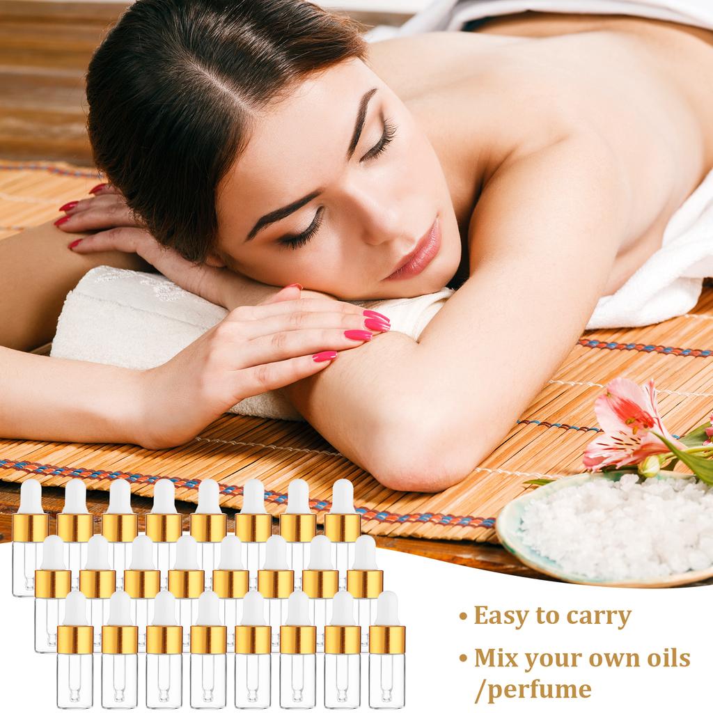 Beautywen 50 Pcs Mini Essential Oil Dropper Bottle 3Ml Clear Glass Dropper Vails With Gold Color Plating Ring