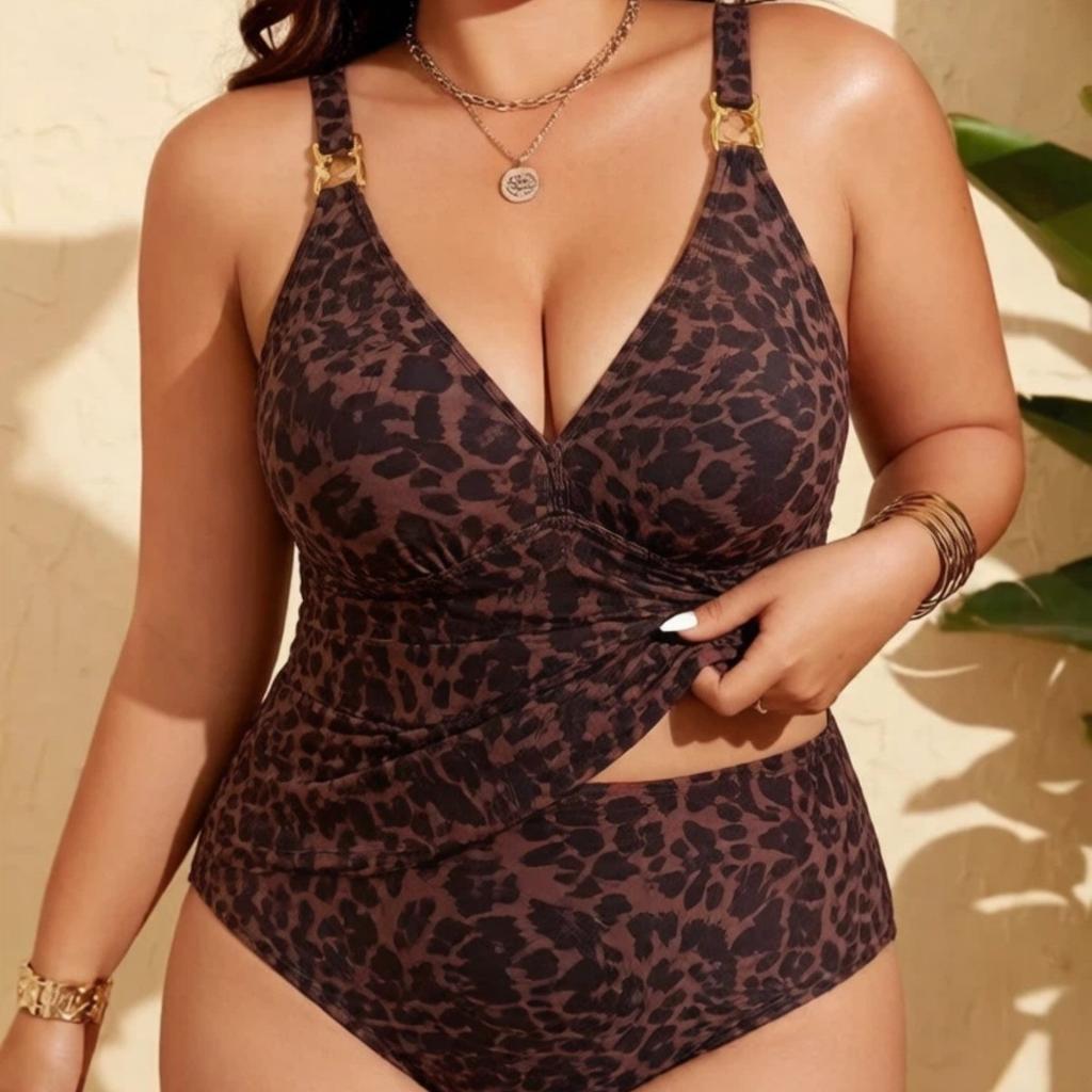 Europe and America 1011 new leopard print split two-piece large size swimsuit women's deep V high waist bikini swimsuit