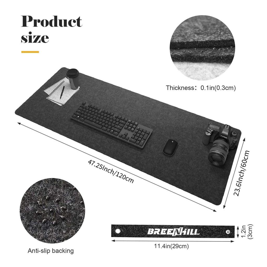 BREENHILL Настольный коврик 120, большой войлочный коврик для стола 120x60 см, шумопоглощающая основа, тихая защита стола, идеально подходит для клавиатуры и мыши дома и в офисе