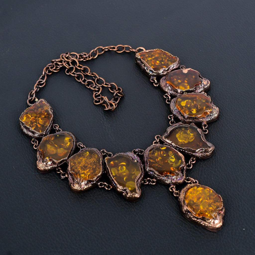 Baltic Amber Necklace Gemstone Jewelry, Copper Electroformed Adjustable Chain Necklace, Gift For Women Handmade Necklace