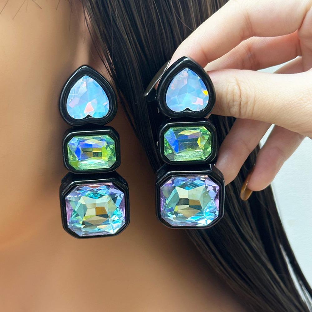 Colorful Shiny Rhinestone Earrings Resin Heart Shape Ear Jewelry Geometric Square Studs Gift