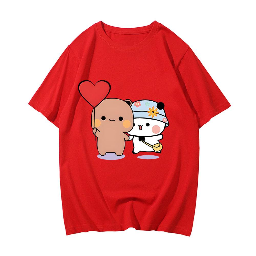 Kawaii Bear Panda Bubu And Dudu T Shirts Holding Hands With Love Balloon Print Tee-shirt 100% Cotton Tshirt Oversize Boys/Girls O-Neck Tees Fashion