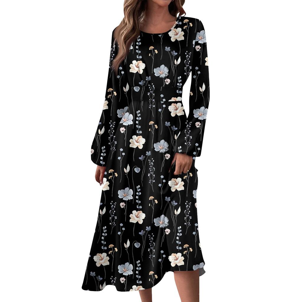 Женское осенне-зимнее повседневное модное платье с круглым вырезом и длинным рукавом с принтом