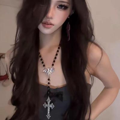 Ожерелье с крестом из бисера Y2K - европейский и американский стиль, дизайн в виде черной летучей мыши, классная цепочка на ключицу