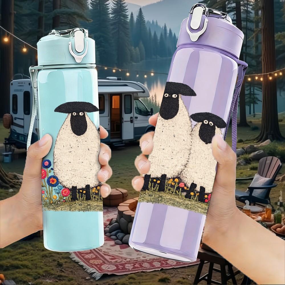 1PC Cute Sheep Lamb Farm Animal Print 750ml Color Plastic Sports Water Bottle Leakproof Flip Straw Lid Suitable for Sports Office Home Use