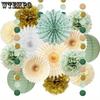 15pcs Party Decorations Sage Green and Gold Paper Pom Poms Flowers Paper Fans Olive Sage Gold Circle Dots Garland for Sage Birthday Party Decoration