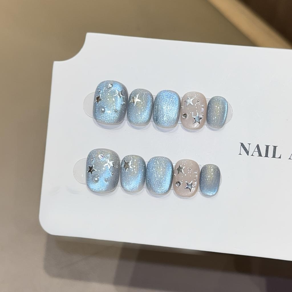 10 Pcs Handmade Blue Star Cat Eye Short Press On Nails Full Coverage Detachable Fake Nail Tips For Women And Girls