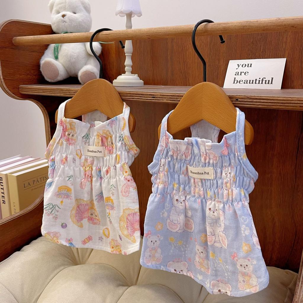 Pet Clothes Dogs Cats Spring Cute Cartoon Cotton Home Parent-child Clothing Teddy Bear Flower Dress Dog Cooling Vest