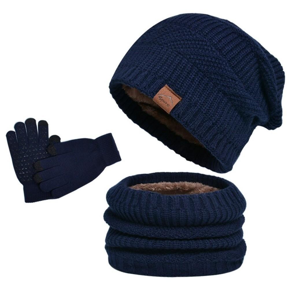 3pcs Warm Thermal Knit Cap Solid Color Winter Beanie Hat Neck Warmer Hat Scarf Gloves Set Outdoor