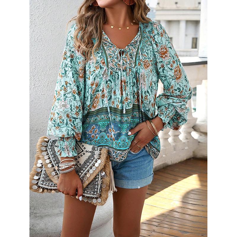 Spring Printed Long Sleeved Shirt Elegant Commuter Women V-neck Top Casual Blouse Vacation Loose Comfortable Street Wear