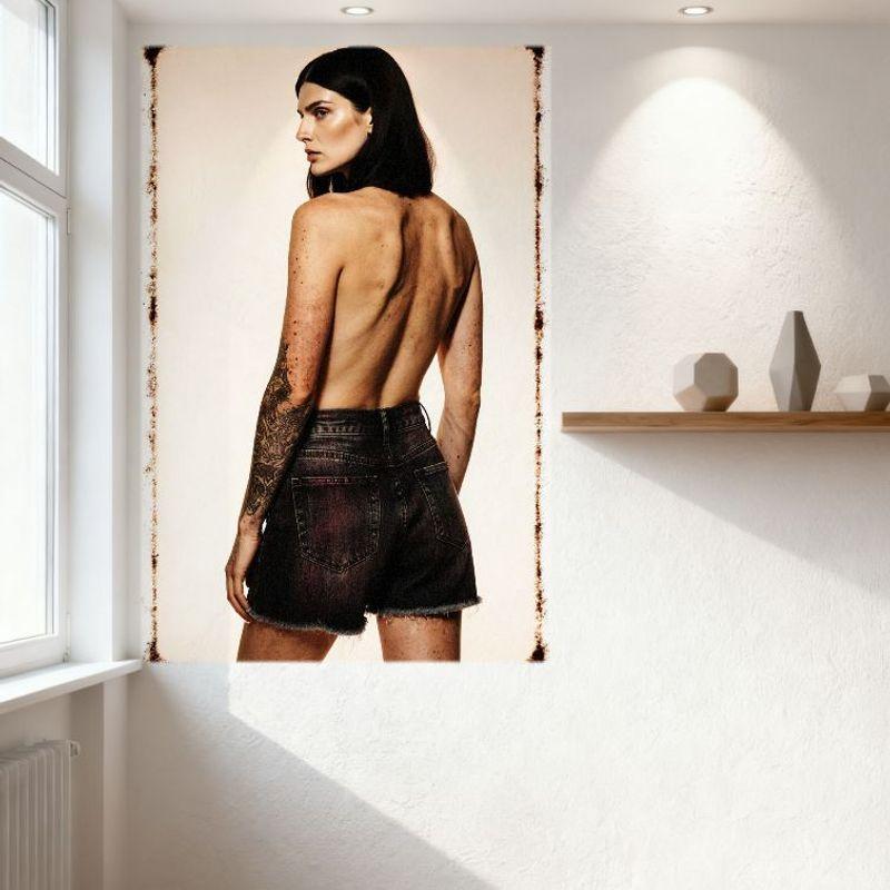 Сексуальная Винтажная Татуированная Женщина Металлическая Жестяная Вывеска, Длинные Темные Волосы, Джинсовые Шорты с Высокой Талией, Рваные Края, Веснушчатая Кожа, Контуры Спины,