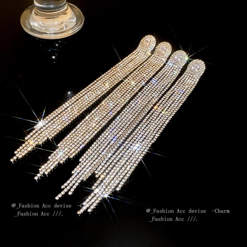 Silver Needle Diamond Elliptical Zircon Tassel Earrings European and American Exaggerated Design Earrings Fashion Advanced Earrings
