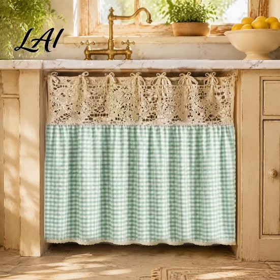 Farmhouse Kitchen Linen Decor Stove Skirt Plaid Crochet Lace Oven Curtain Appliance Handle Shield Skirt Curtain with Ties for Cottage Cover