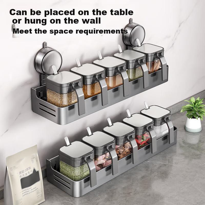 YWEEL Suction Cup Glass Seasoning Container Set with Spice Jars And Kitchen Storage Rack for Home Use
