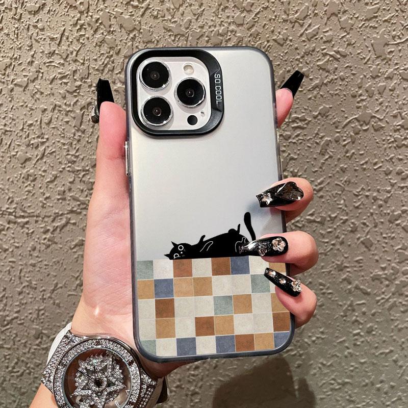 Полосатый Кофе Кот Лазерный Чехол Для Телефона Для iPhone 17 16 Pro Max 15 14 Pro Max Plus 13 Mini 12 11 Pro Max Ударопрочные Черные Чехлы