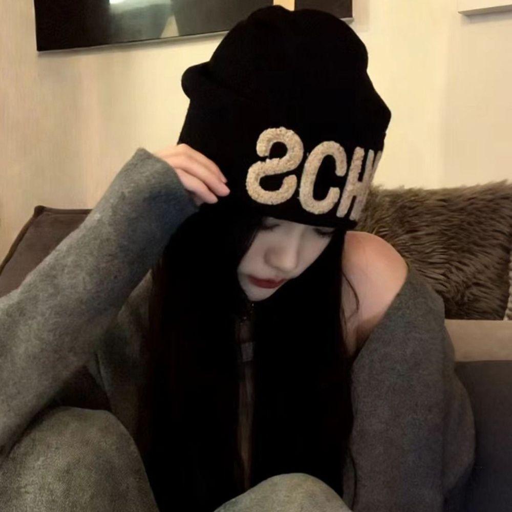 Warm Thick Knitted Fall Winter Hat Large Head Size Embroidered Letter Cap For Women