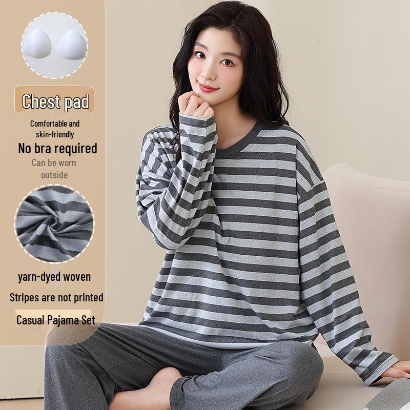 Женская осенняя пижама с круглым вырезом, в полоску, с длинным рукавом и нагрудными вкладышами - Повседневный комплект больших размеров для дома и улицы