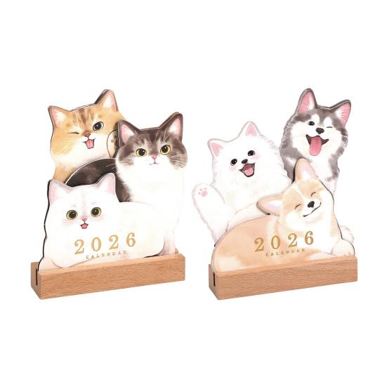 2026 Small Desk Calendar with Wooden Base Cute Dog Cat Patterns Monthly Planner
