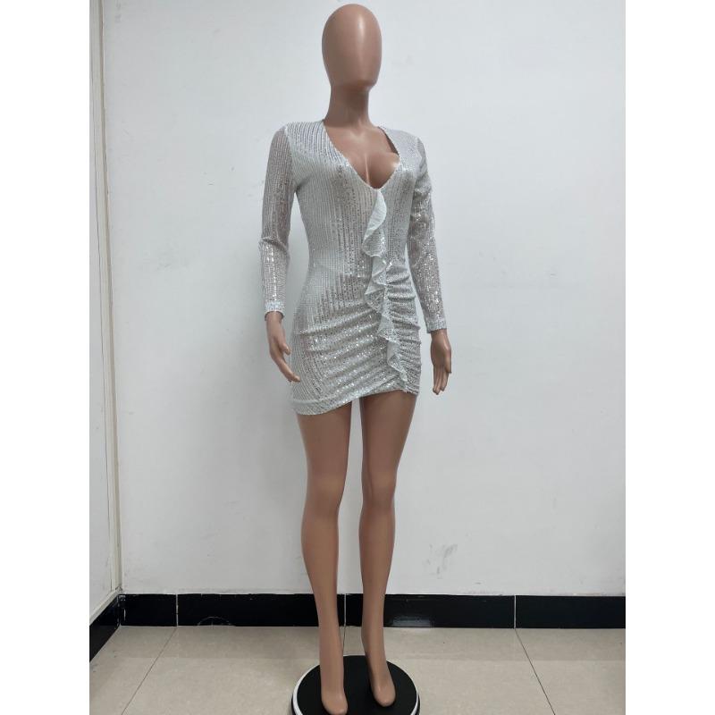 Летнее женское платье Французское платье с V-образным вырезом и длинными рукавами Платье с оборками на бедрах Платье с пайетками