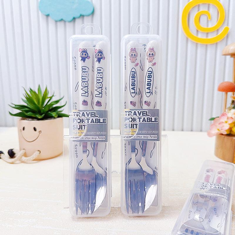 Милый набор столовых приборов из нержавеющей стали Labubu, состоящий из двух предметов, детская посуда с ручками из полипропилена, переносная вилка, ложка, детские товары