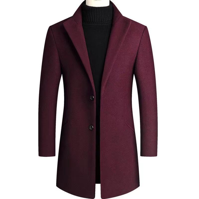 Autumn and Winter Men's Medium and Long Woolen Coat Men's Slim-fitting Solid-color Lapel Trench Coat
