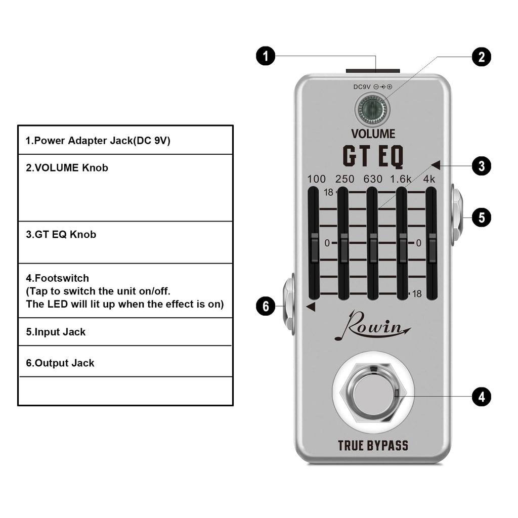Rowin Guitar Equalizer Pedal 5 Band Parametric EQ Guitar Effect Pedal Frequency Compensator Mini Size ±18dB LEF-317A