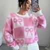 Autumn and Winter New Sweet Christmas Pink Bow Knitted Sweater Loose Top Women's Clothing