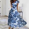 Women's Long Casual Dress Summer Short-Sleeve V-Neck Waist Retraction Printed Dress