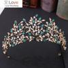 Baroque Vintage Gold Green Crystal Leaf Bridal Tiaras Crown Rhinestone Pageant Diadem Bride Headbands Wedding Hair Accessories