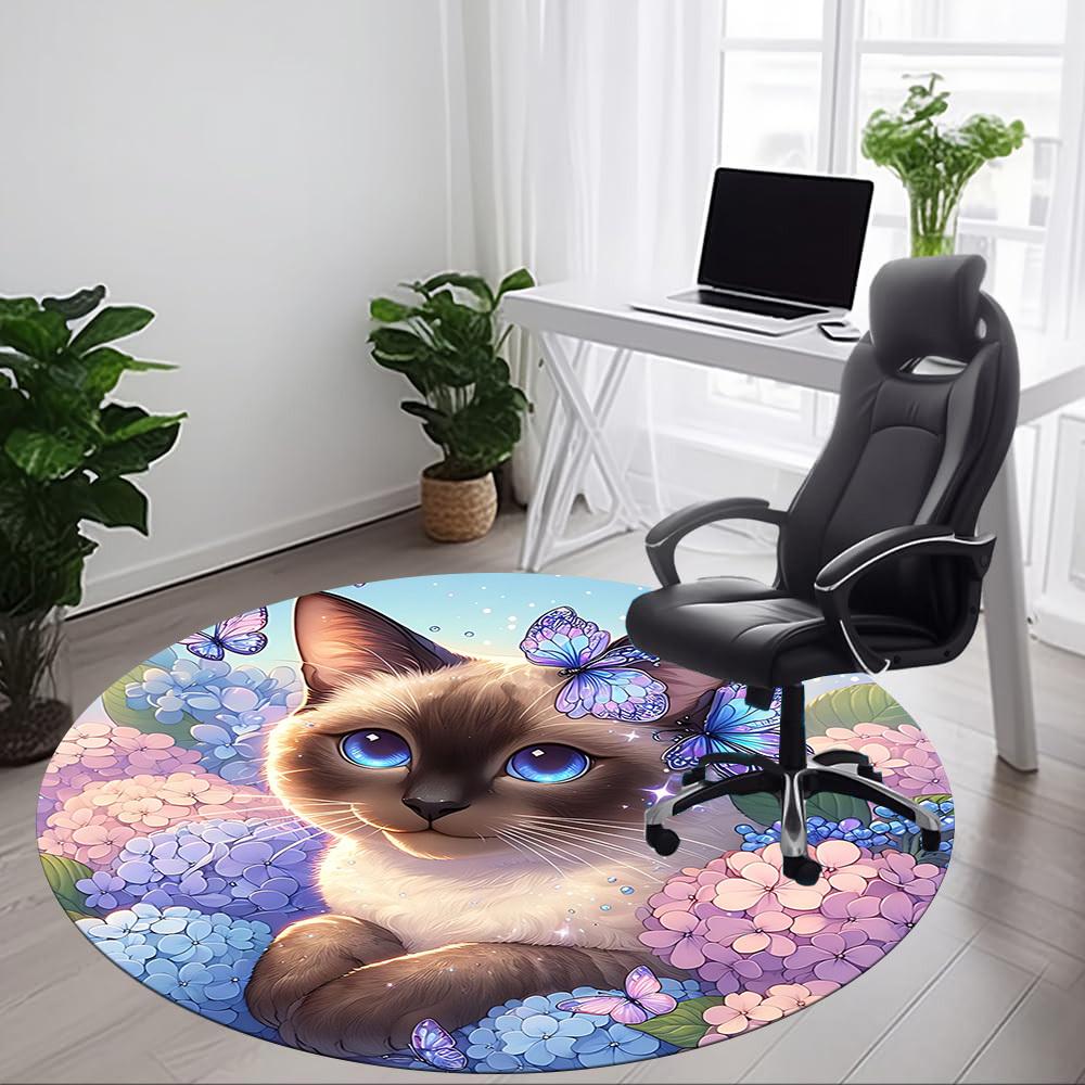 1pc Cat Butterfly Floral Office Round Rug, Carpet for Office, Gaming, Lightweight Round Floor Mat yy260208082