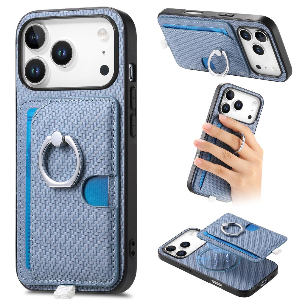 For iPhone 17 Pro Case Ring Kickstand Leather Back Cover with Magnetic Detachable Card Holder